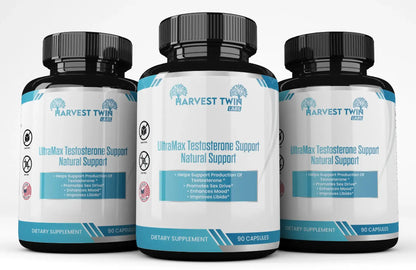 Three black supplement bottles with black caps labeled Harvest Twin UltraMax Testosterone Support Natural Support, arranged side by side on a light gray background.