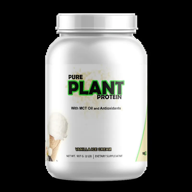 A white plastic tub of Pure Plant Protein Vanilla Ice Cream flavor dietary supplement, featuring a white lid and a label with green and black text, set against a solid black background.