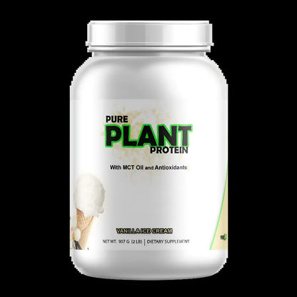 A white plastic tub of Pure Plant Protein Vanilla Ice Cream flavor dietary supplement, featuring a white lid and a label with green and black text, set against a solid black background.
