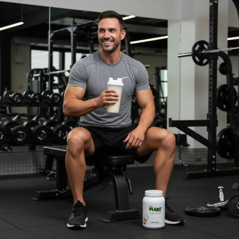 A smiling man in a gym sits on a weight bench holding a white shaker bottle, with a white tub labeled PLANT Nutrition powder in front of him. The gym background features weight racks and mirrors.