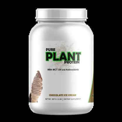 A white plastic tub of Pure Plant Protein Chocolate Ice Cream dietary supplement, featuring a white label with green and black text and an ice cream swirl graphic, set against a solid black background.