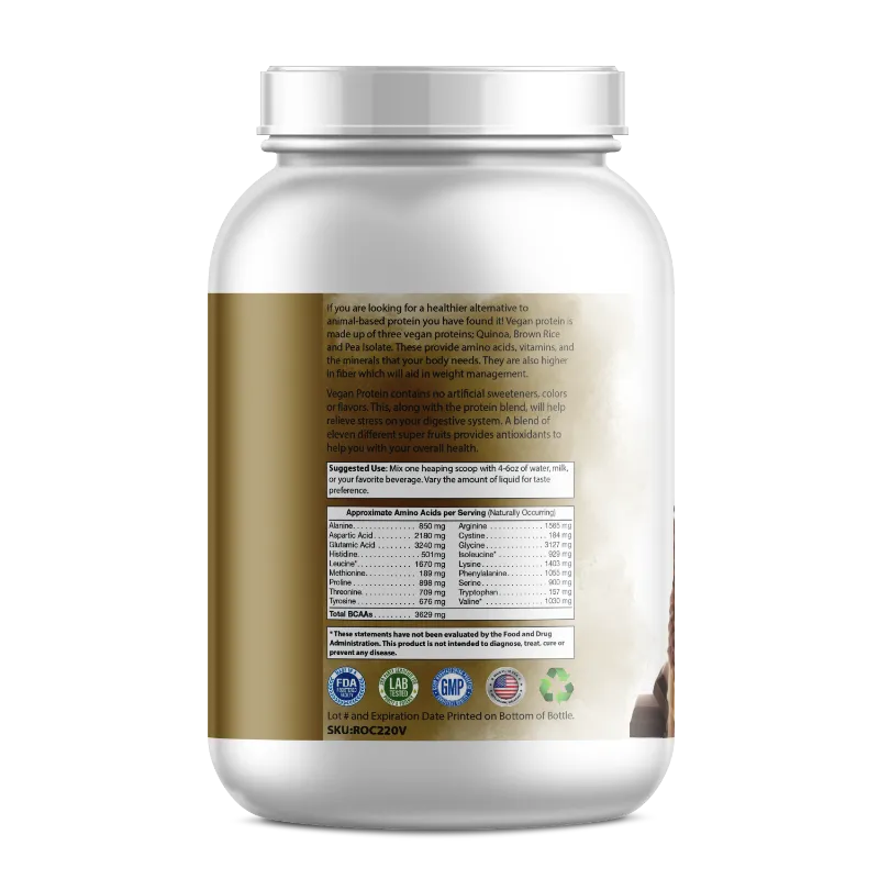A white plastic supplement tub with a silver cap, showing the back label with text, a nutrition facts table, and certification logos, set against a plain white background.