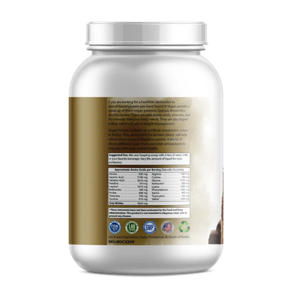 A white plastic supplement tub with a silver cap, showing the back label with text, a nutrition facts table, and certification logos, set against a plain white background.