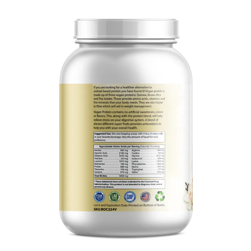 A white plastic bottle of vegan protein powder shown from the back, featuring a beige label with nutritional facts, ingredients, and certification logos.