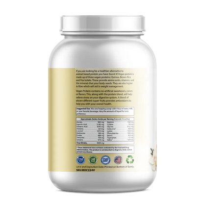 A white plastic bottle of vegan protein powder shown from the back, featuring a beige label with nutritional facts, ingredients, and certification logos.