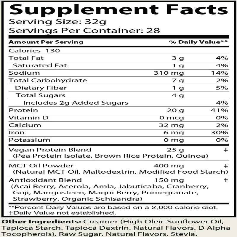 A Supplement Facts nutrition label for a protein powder container, showing serving size, calories, daily value percentages, and a list of ingredients including pea protein isolate, brown rice protein, quinoa, MCT oil powder, and a botanical antioxidant blend.