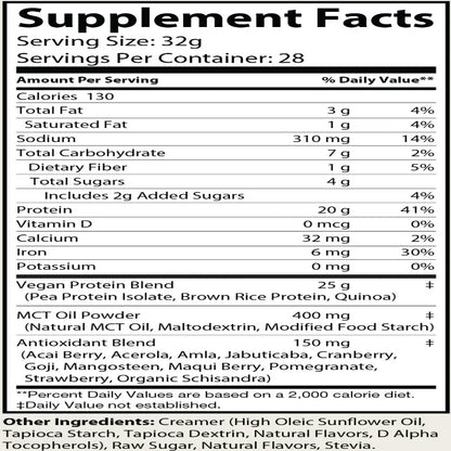 A Supplement Facts nutrition label for a protein powder container, showing serving size, calories, daily value percentages, and a list of ingredients including pea protein isolate, brown rice protein, quinoa, MCT oil powder, and a botanical antioxidant blend.