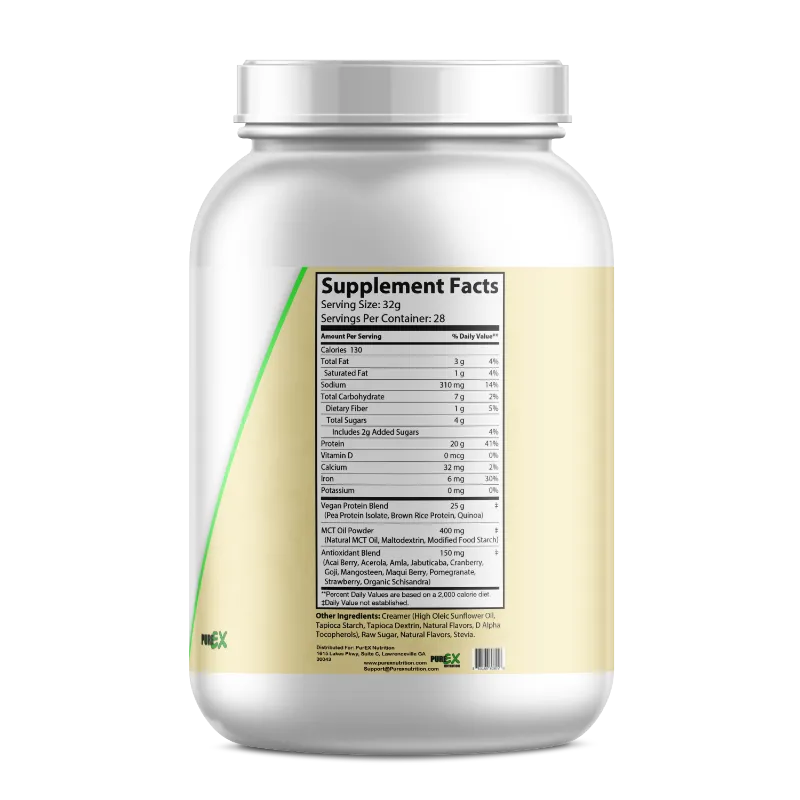 A white plastic supplement tub with a silver cap, showing the back of the label with the Supplement Facts panel and a pale yellow side panel. The brand name 'EXX' is visible near the bottom left of the label.