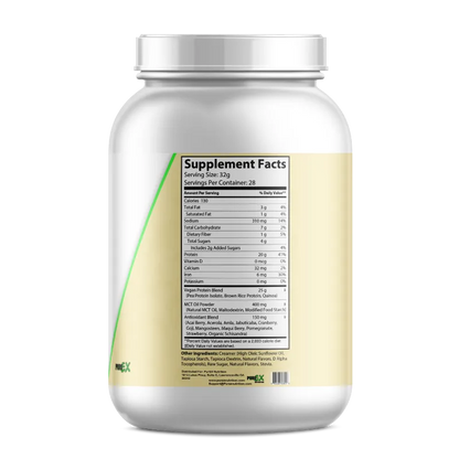 A white plastic supplement tub with a silver cap, showing the back of the label with the Supplement Facts panel and a pale yellow side panel. The brand name 'EXX' is visible near the bottom left of the label.
