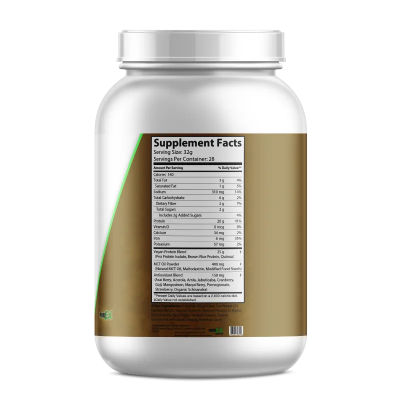 A large white plastic supplement tub with a silver cap, showing the back of the label with Supplement Facts text and a brown and gold design.