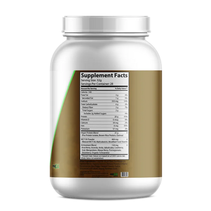 A large white plastic supplement tub with a silver cap, showing the back of the label with Supplement Facts text and a brown and gold design.