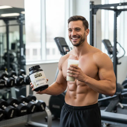 A smiling shirtless man in a gym holds a tub of protein powder labeled 'WHEY' and a white shaker cup. Dumbbells and exercise equipment are visible in the background.