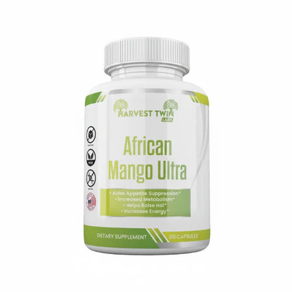A white plastic bottle of Harvest Twin Labs African Mango Ultra dietary supplement with a white ribbed cap, featuring a white and green label on a plain white background.