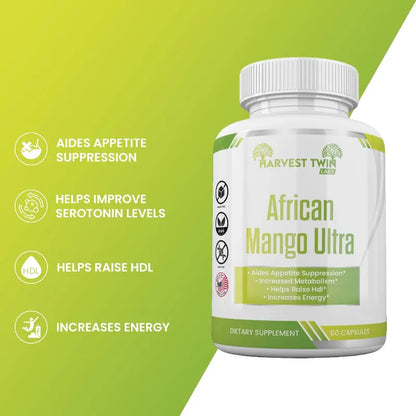 Harvest Twin African Mango Ultra supplement bottle with green background and feature list.