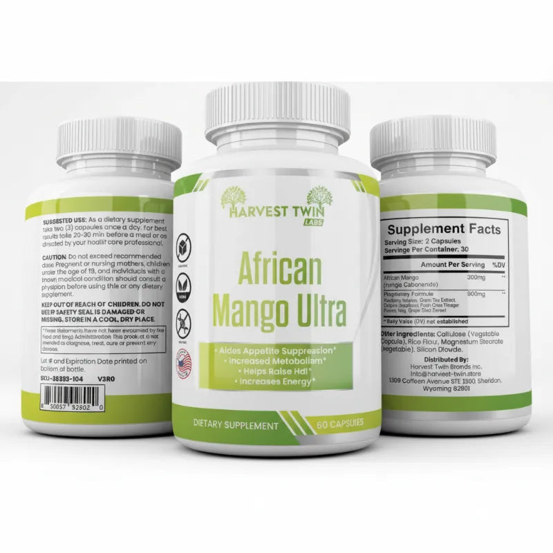 Three white supplement bottles for Harvest Twin Labs African Mango Ultra, showing the front label and the back supplement facts and usage panels on a white background.