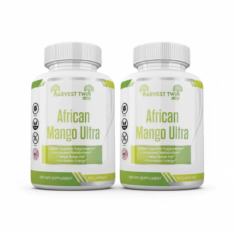 Two white bottles of Harvest Twin Africa African Mango Ultra dietary supplement capsules, displayed side-by-side on a clean white background.