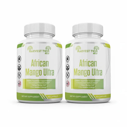 Two white bottles of Harvest Twin Africa African Mango Ultra dietary supplement capsules, displayed side-by-side on a clean white background.