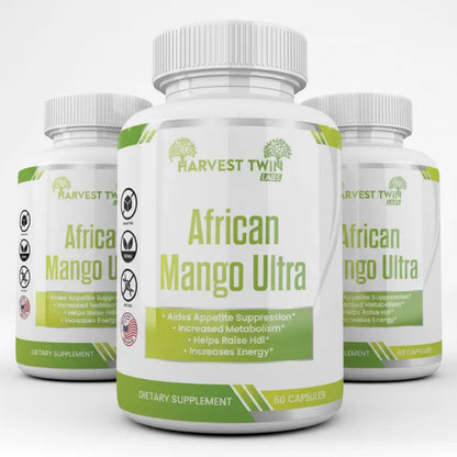Three white plastic bottles of Harvest Twin Labs African Mango Ultra dietary supplement capsules, with the center bottle in sharp focus and the two behind it slightly blurred, set against a clean white background.