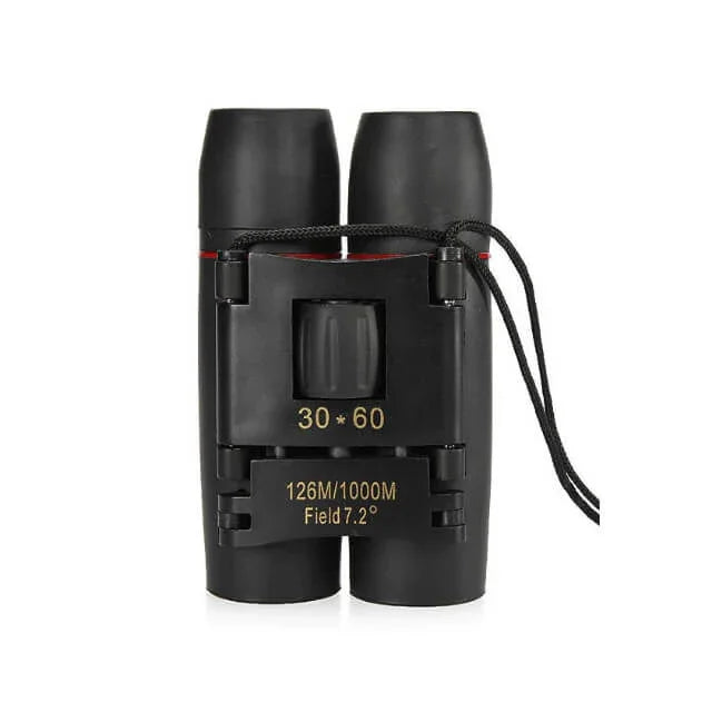 Black binoculars with specifications on a white background