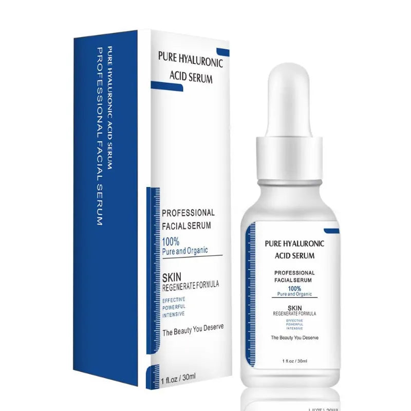 Pure Hyaluronic Acid Serum bottle with dropper next to its blue and white retail box on a clean white background.