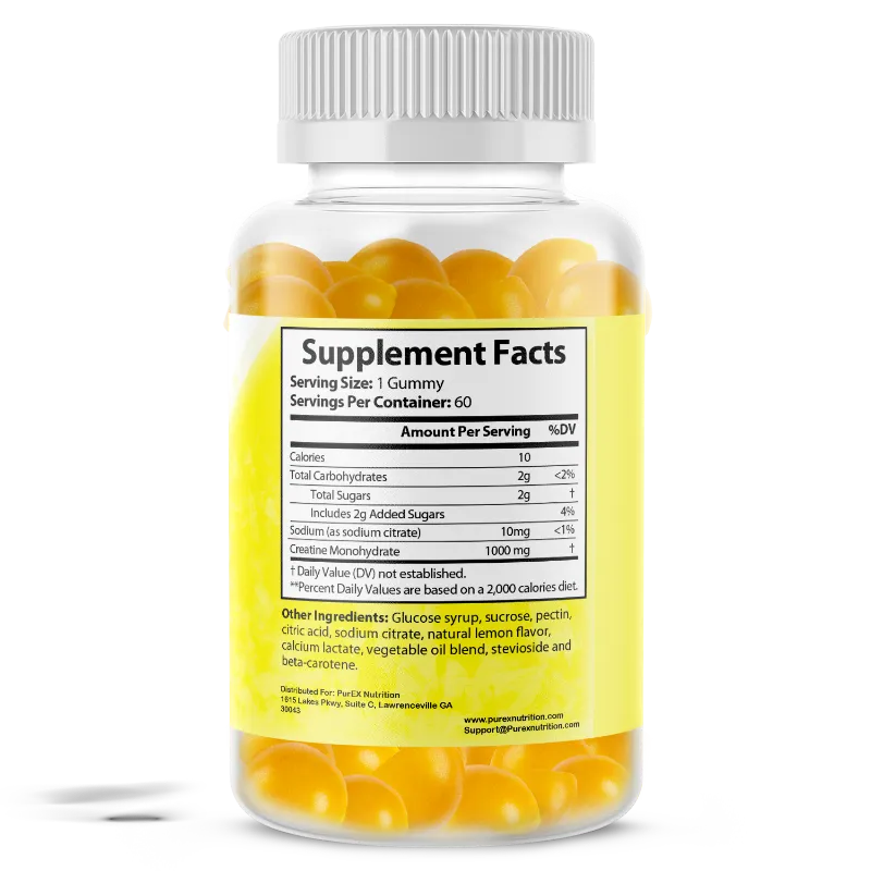 A clear plastic bottle of gummy vitamins with a white ribbed cap and a bright yellow label showing Supplement Facts. The bottle is filled with yellow gummies and is photographed on a clean white background with a soft shadow.