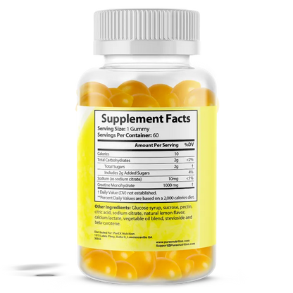 A clear plastic bottle of gummy vitamins with a white ribbed cap and a bright yellow label showing Supplement Facts. The bottle is filled with yellow gummies and is photographed on a clean white background with a soft shadow.
