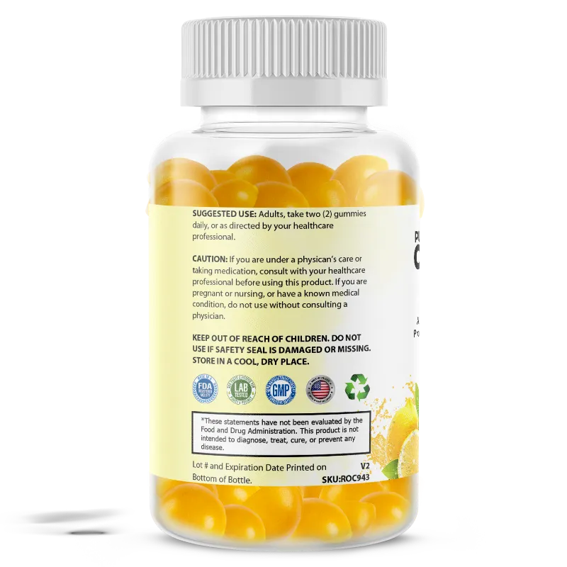 A clear plastic bottle of gummy vitamins with a white ribbed cap, showing yellow gummies inside. The back of the label features black text and a small illustration of a lemon slice.