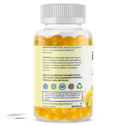 A clear plastic bottle of gummy vitamins with a white ribbed cap, showing yellow gummies inside. The back of the label features black text and a small illustration of a lemon slice.