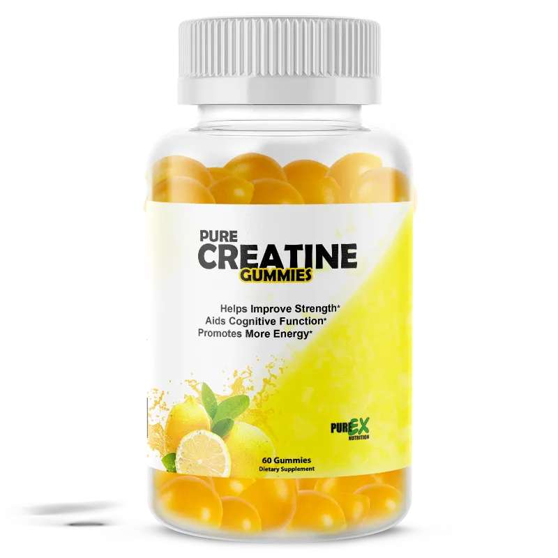 A clear plastic bottle of Pure Creatine Gummies with a white ribbed cap, filled with yellow-orange gummy tablets. The label features a white and yellow design with illustrations of lemons and mint leaves, and the brand name PureEx Solutions.