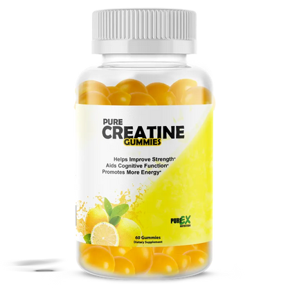 A clear plastic bottle of Pure Creatine Gummies with a white ribbed cap, filled with yellow-orange gummy tablets. The label features a white and yellow design with illustrations of lemons and mint leaves, and the brand name PureEx Solutions.