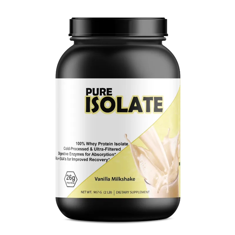 A black plastic tub of Pure Isolate Vanilla Milkshake dietary supplement, featuring a white and pale yellow label with black and gold text.