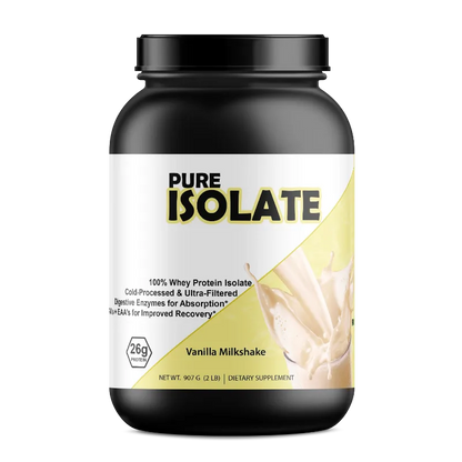 A black plastic tub of Pure Isolate Vanilla Milkshake dietary supplement, featuring a white and pale yellow label with black and gold text.