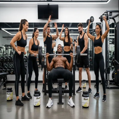 A group of six fitness enthusiasts in a gym setting, with five women and one man cheering and high-fiving a man lying on a weight bench. The women are wearing black sports bras and leggings, and the man is wearing black athletic shorts and a tank top.