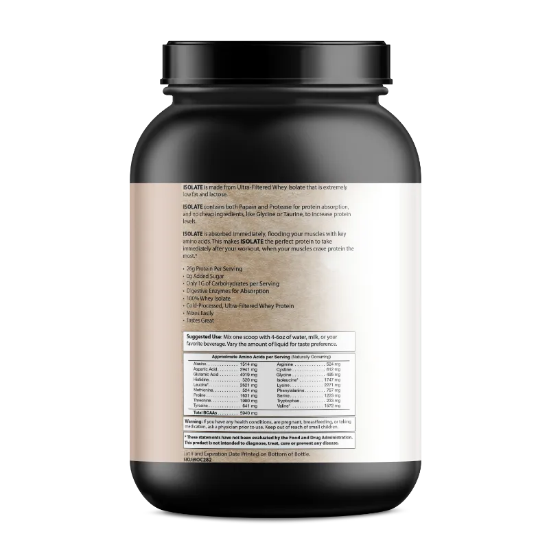 A black plastic supplement bottle with a black cap, showing the back label of a protein powder product. The label is beige with black text, featuring product description, ingredients, and a supplement facts table on a white background.