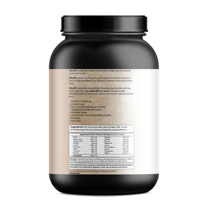 A black plastic supplement bottle with a black cap, showing the back label of a protein powder product. The label is beige with black text, featuring product description, ingredients, and a supplement facts table on a white background.
