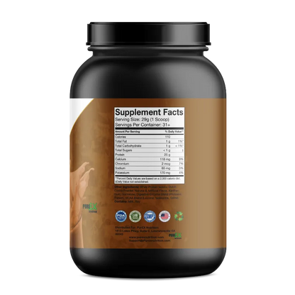 A black plastic supplement tub with a black cap, showing the back label with Supplement Facts, on a plain white background.