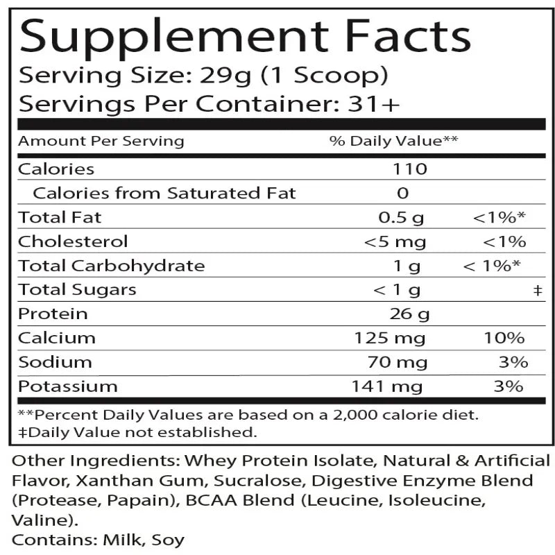 Supplement facts label for a protein product with serving size and nutritional information.