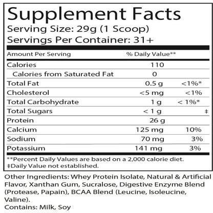 Supplement facts label for a protein product with serving size and nutritional information.