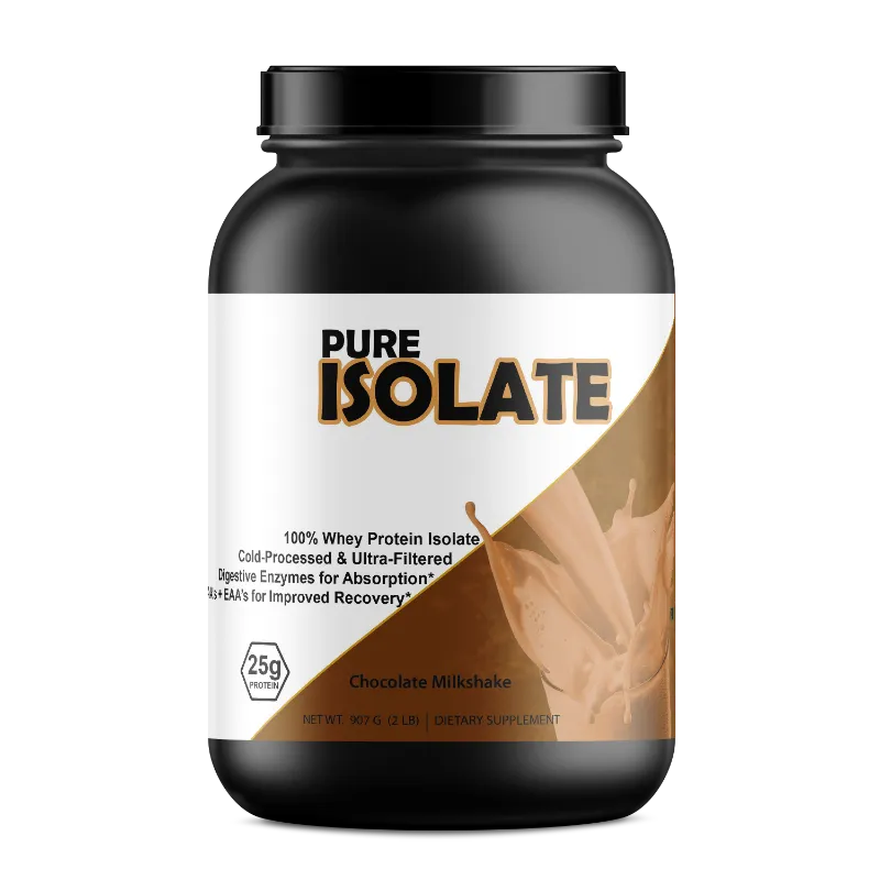 A black plastic tub of Pure Isolate Chocolate Milkshake dietary supplement, featuring a white and brown label with a chocolate splash graphic, set against a plain white background.
