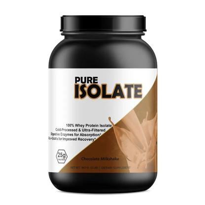 A black plastic tub of Pure Isolate Chocolate Milkshake dietary supplement, featuring a white and brown label with a chocolate splash graphic, set against a plain white background.