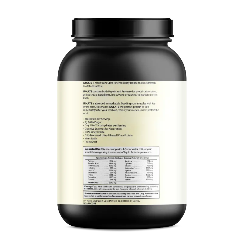A black plastic supplement tub with a black cap, showing the back label text for 'MELATE' protein powder on a white background.