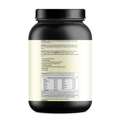 A black plastic supplement tub with a black cap, showing the back label text for 'MELATE' protein powder on a white background.