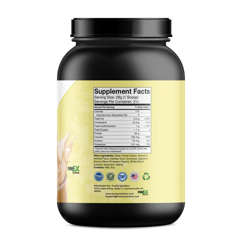 A black plastic tub of PureX Protein powder with a pale yellow label showing the Supplement Facts panel, photographed on a white background.