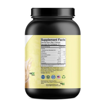 A black plastic tub of PureX Protein powder with a pale yellow label showing the Supplement Facts panel, photographed on a white background.