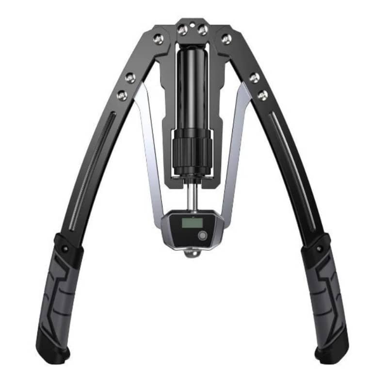 Black and gray adjustable tripod stand on a white background