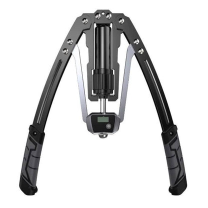 Black and gray adjustable tripod stand on a white background