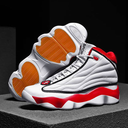 White sneakers with red and orange accents on a dark background