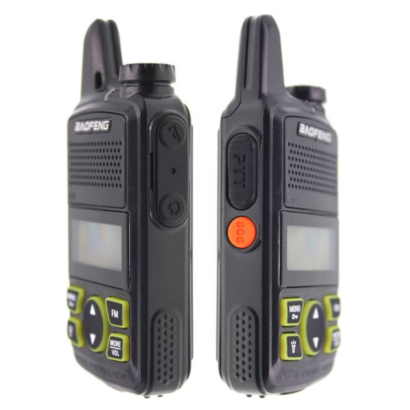 Two walkie talkies with visible brand logo on a white background