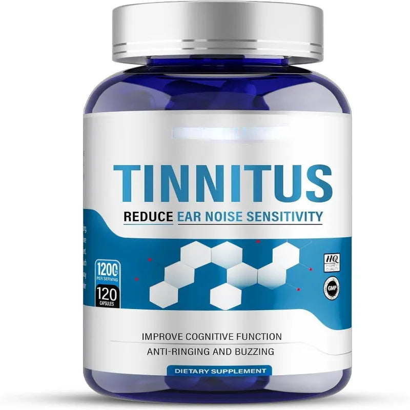 A blue plastic bottle of Tinnitus dietary supplement with a silver cap and a white label featuring blue text and geometric graphics.
