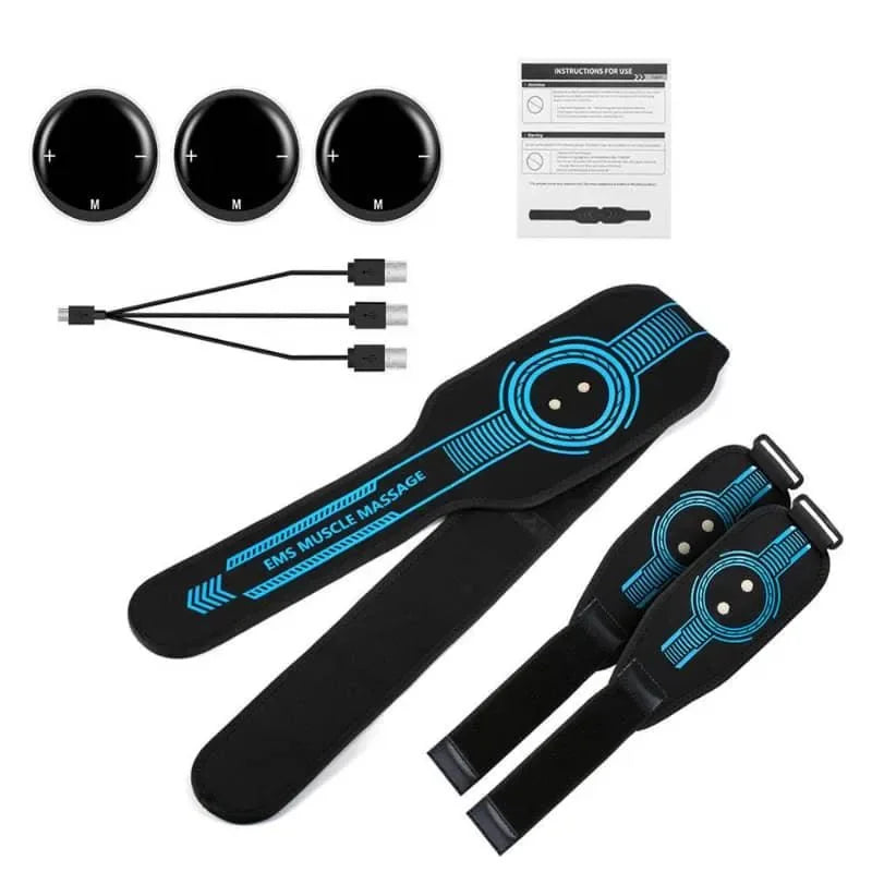 Electromagnetic muscle stimulation device with attachments and cables on a white background